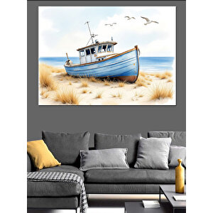 Sahilde Duran Beyaz Tekne Dekoratif Kanvas - Mdf Ahşap Tablo 70x100 cm