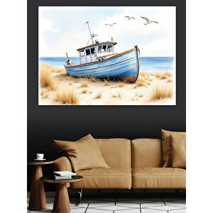 Sahilde Duran Beyaz Tekne Dekoratif Kanvas - Mdf Ahşap Tablo 70x100 cm