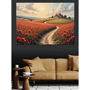 Gelincik Tarlası Kıvrımlı Yol Dekoratif Kanvas - Mdf Ahşap Tablo 100x140 cm