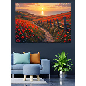 Gelincik Tarlası Gün Batımı Dekoratif Kanvas - Mdf Ahşap Tablo 100x140 cm