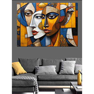 Soyut Renkli Kadın Yüzleri Dekoratif Kanvas - Mdf Ahşap Tablo 70x100 cm