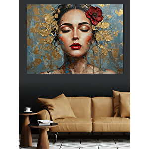 Altın Yapraklı Yüz Portresi Dekoratif Kanvas - Mdf Ahşap Tablo