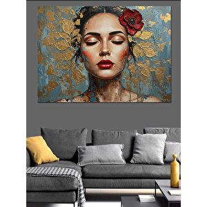 Altın Yapraklı Yüz Portresi Dekoratif Kanvas - Mdf Ahşap Tablo
