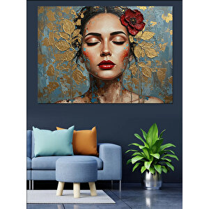 Altın Yapraklı Yüz Portresi Dekoratif Kanvas - Mdf Ahşap Tablo 50x70 cm