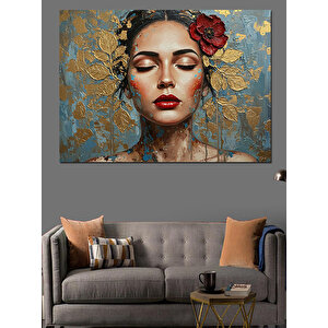 Altın Yapraklı Yüz Portresi Dekoratif Kanvas - Mdf Ahşap Tablo 50x70 cm