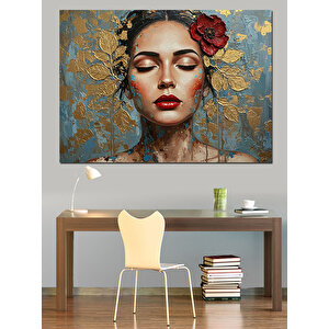 Altın Yapraklı Yüz Portresi Dekoratif Kanvas - Mdf Ahşap Tablo 50x70 cm