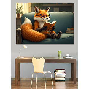 Kitap Okuyan Zeki Tilki Dekoratif Kanvas - Mdf Ahşap Tablo 100x140 cm