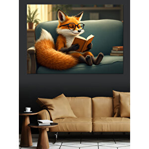 Kitap Okuyan Zeki Tilki Dekoratif Kanvas - Mdf Ahşap Tablo 100x140 cm