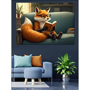 Kitap Okuyan Zeki Tilki Dekoratif Kanvas - Mdf Ahşap Tablo