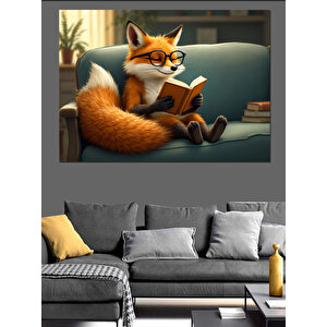 Kitap Okuyan Zeki Tilki Dekoratif Kanvas - Mdf Ahşap Tablo 35x50 cm