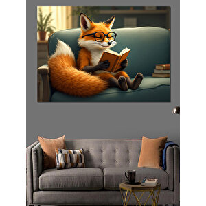 Kitap Okuyan Zeki Tilki Dekoratif Kanvas - Mdf Ahşap Tablo