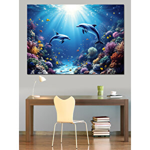 Okyanusta Yüzen Yunuslar Dekoratif Kanvas - Mdf Ahşap Tablo 35x50 cm