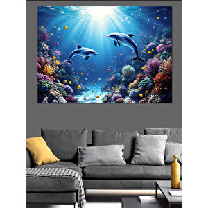 Okyanusta Yüzen Yunuslar Dekoratif Kanvas - Mdf Ahşap Tablo