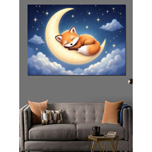 Ay Üzerinde Uyuyan Tilki Dekoratif Kanvas - Mdf Ahşap Tablo 50x70 cm