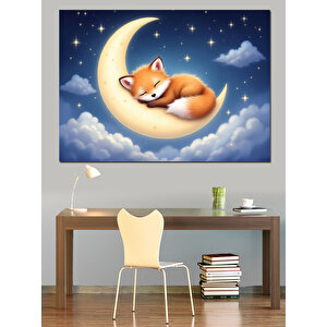 Ay Üzerinde Uyuyan Tilki Dekoratif Kanvas - Mdf Ahşap Tablo 50x70 cm