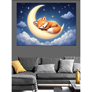 Ay Üzerinde Uyuyan Tilki Dekoratif Kanvas - Mdf Ahşap Tablo 50x70 cm