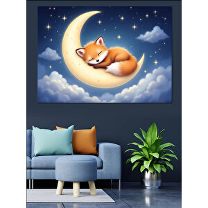 Ay Üzerinde Uyuyan Tilki Dekoratif Kanvas - Mdf Ahşap Tablo