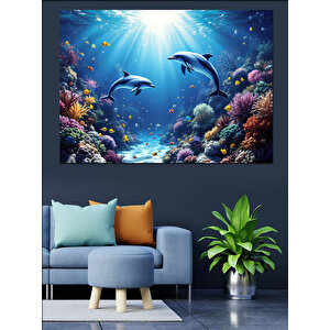 Okyanusta Yüzen Yunuslar Dekoratif Kanvas - Mdf Ahşap Tablo 100x140 cm