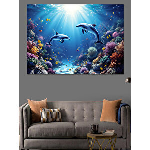 Okyanusta Yüzen Yunuslar Dekoratif Kanvas - Mdf Ahşap Tablo 100x140 cm