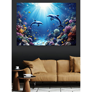 Okyanusta Yüzen Yunuslar Dekoratif Kanvas - Mdf Ahşap Tablo