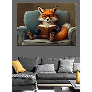 Kitap Okuyan Tilki Dekoratif Kanvas - Mdf Ahşap Tablo 50x70 cm
