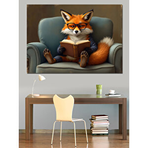 Kitap Okuyan Tilki Dekoratif Kanvas - Mdf Ahşap Tablo 70x100 cm