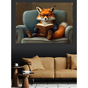 Kitap Okuyan Tilki Dekoratif Kanvas - Mdf Ahşap Tablo 70x100 cm