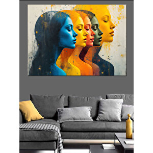 Renkli Soyut Kadın Yüzleri Dekoratif Kanvas - Mdf Ahşap Tablo 70x100 cm