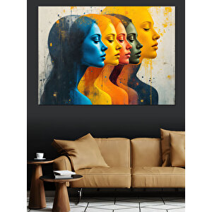 Renkli Soyut Kadın Yüzleri Dekoratif Kanvas - Mdf Ahşap Tablo 100x140 cm