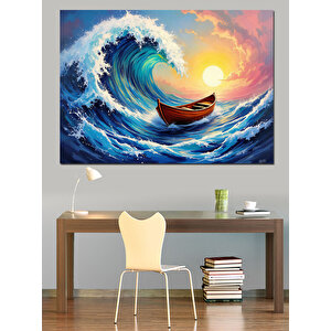 Dev Dalgada Küçük Kayık Dekoratif Kanvas - Mdf Ahşap Tablo