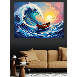 Dev Dalgada Küçük Kayık Dekoratif Kanvas - Mdf Ahşap Tablo 35x50 cm