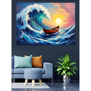 Dev Dalgada Küçük Kayık Dekoratif Kanvas - Mdf Ahşap Tablo 35x50 cm