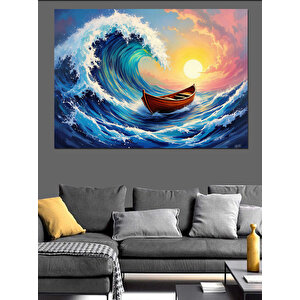 Dev Dalgada Küçük Kayık Dekoratif Kanvas - Mdf Ahşap Tablo 100x140 cm