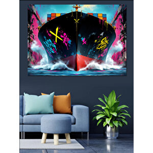 Grafitili Dev Yük Gemi Dekoratif Kanvas - Mdf Ahşap Tablo