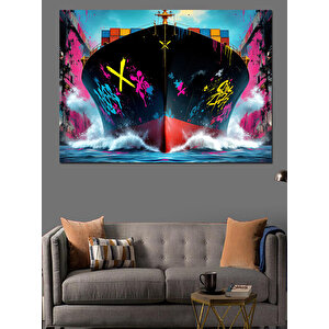 Grafitili Dev Yük Gemi Dekoratif Kanvas - Mdf Ahşap Tablo