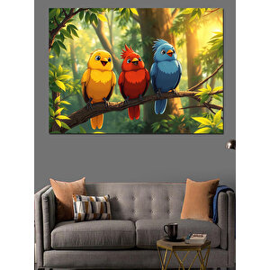 Dalda Duran Renkli Kuşlar Dekoratif Kanvas - Mdf Ahşap Tablo 70x100 cm