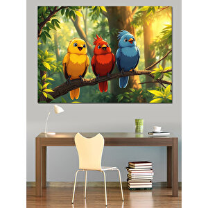 Dalda Duran Renkli Kuşlar Dekoratif Kanvas - Mdf Ahşap Tablo 70x100 cm