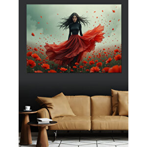 Gelincik Tarlasında Kırmızı Elbise Dekoratif Kanvas - Mdf Ahşap Tablo 100x140 cm