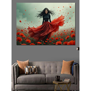 Gelincik Tarlasında Kırmızı Elbise Dekoratif Kanvas - Mdf Ahşap Tablo 100x140 cm