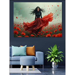 Gelincik Tarlasında Kırmızı Elbise Dekoratif Kanvas - Mdf Ahşap Tablo 35x50 cm