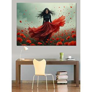 Gelincik Tarlasında Kırmızı Elbise Dekoratif Kanvas - Mdf Ahşap Tablo