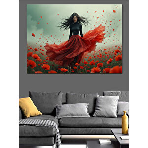 Gelincik Tarlasında Kırmızı Elbise Dekoratif Kanvas - Mdf Ahşap Tablo