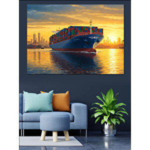 Gün Batımında Yük Gemisi Dekoratif Kanvas - Mdf Ahşap Tablo 100x140 cm