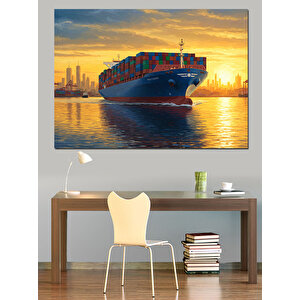 Gün Batımında Yük Gemisi Dekoratif Kanvas - Mdf Ahşap Tablo 35x50 cm