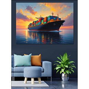 Günbatımında Yük Gemisi Seyri Dekoratif Kanvas - Mdf Ahşap Tablo 50x70 cm
