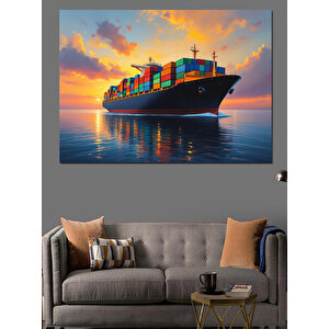 Günbatımında Yük Gemisi Seyri Dekoratif Kanvas - Mdf Ahşap Tablo
