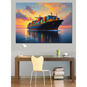Günbatımında Yük Gemisi Seyri Dekoratif Kanvas - Mdf Ahşap Tablo