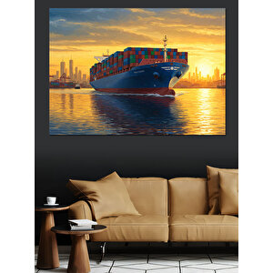 Gün Batımında Yük Gemisi Dekoratif Kanvas - Mdf Ahşap Tablo