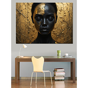 Altın Yapraklı Siyah Yüz Dekoratif Kanvas - Mdf Ahşap Tablo