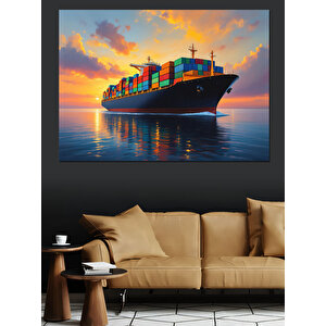 Günbatımında Yük Gemisi Seyri Dekoratif Kanvas - Mdf Ahşap Tablo 70x100 cm